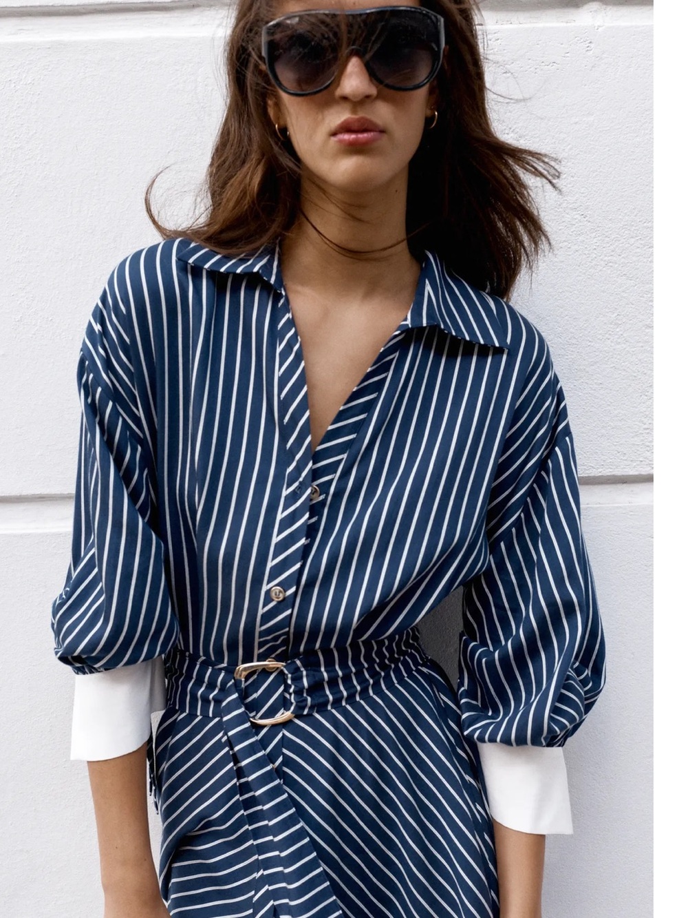 Zara Navy and White Striped Midi Shirt Dress with Belt - Picture 5 of 12